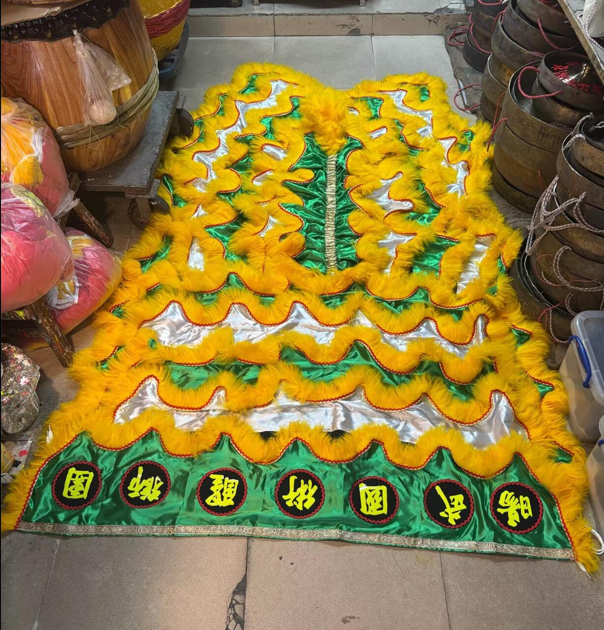 Green and White Satin Lion Dance Tail Costume and Pants Set