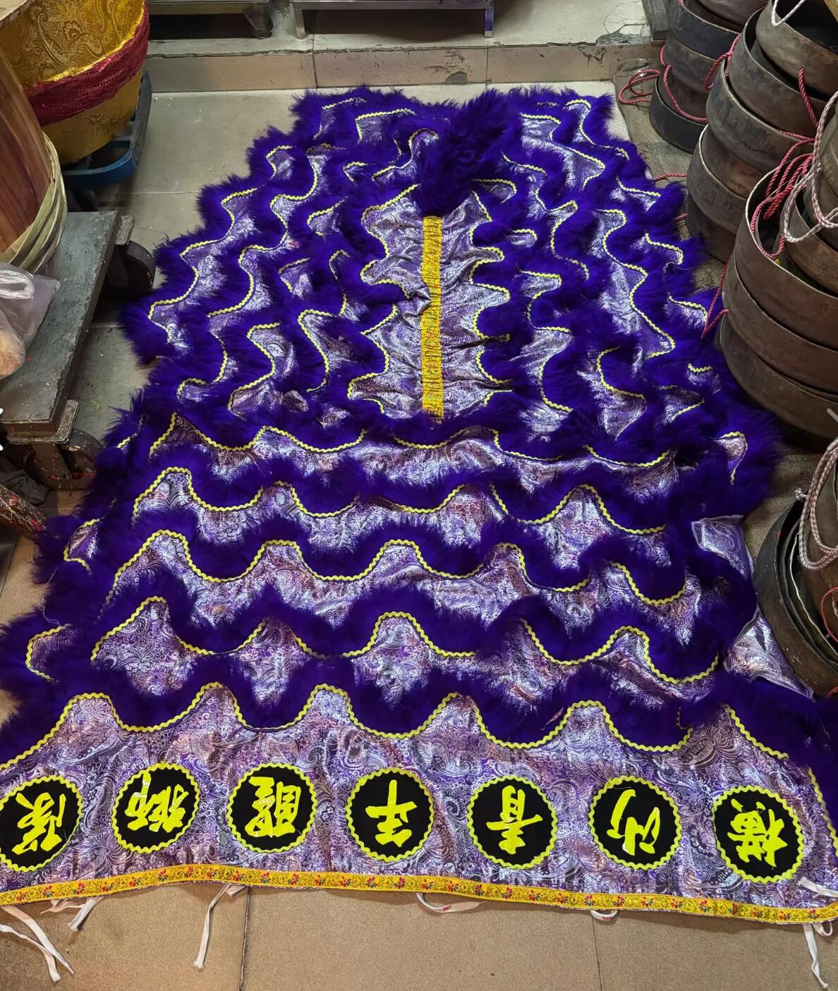 Purple Satin Lion Dance Tail and Pants Traditional Wool Lion Costumes Set