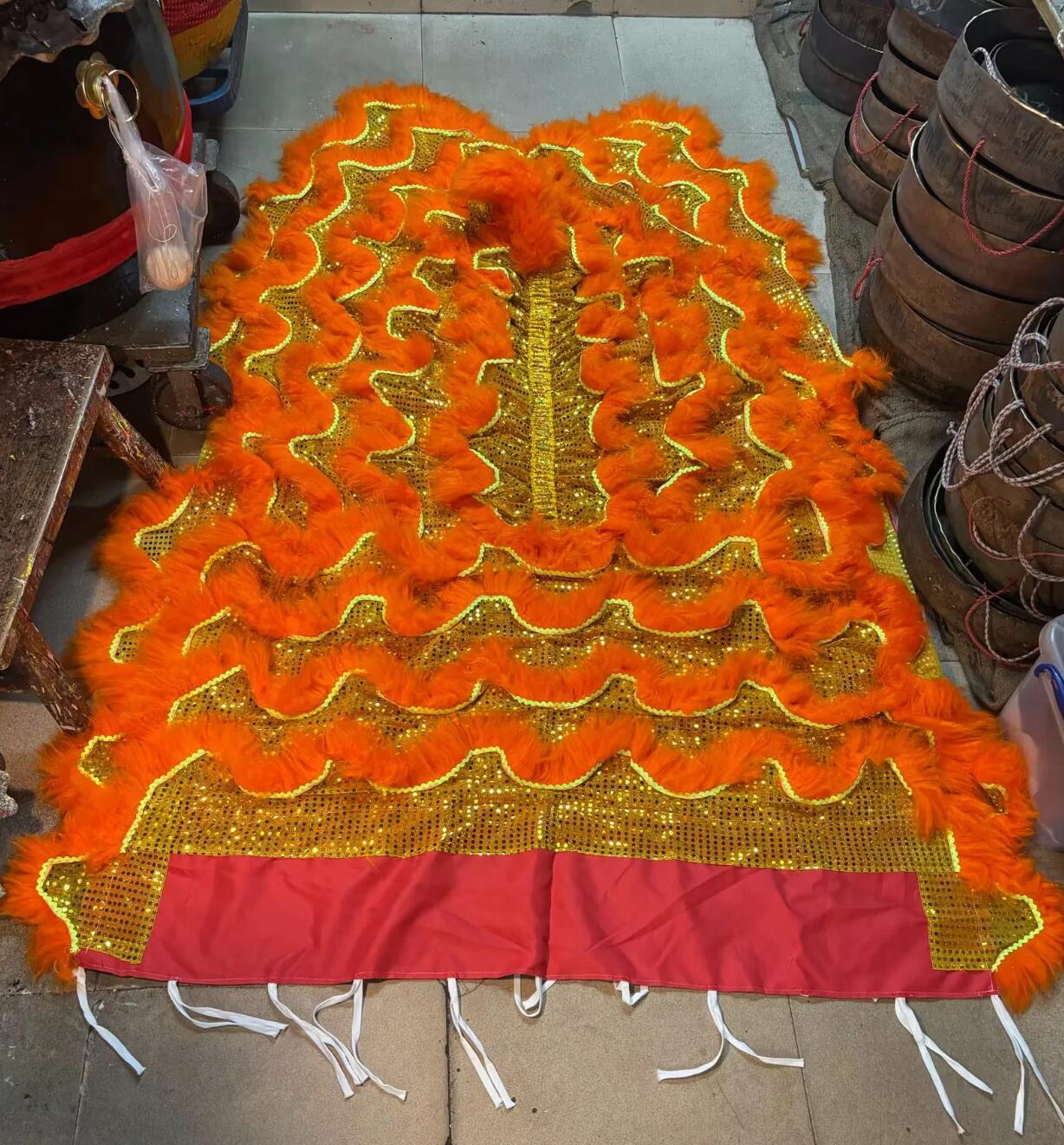 Golden Sequins Chinese Lion Dance Tail and Pants Traditional Orange Wool Lion Costumes Set