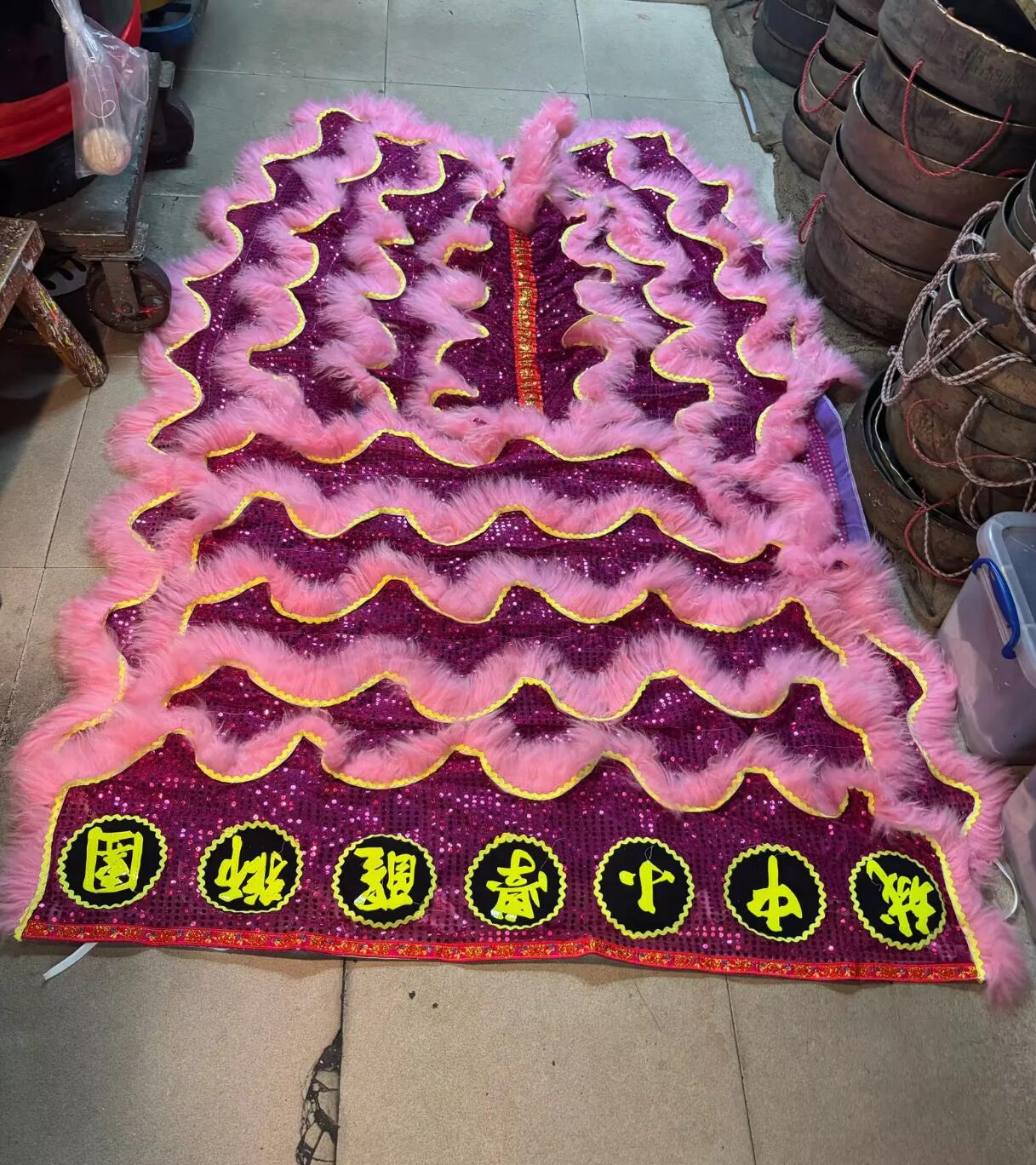 Purple Sequins Chinese Lion Dance Tail and Pants Traditional Pink Wool Lion Costumes Set