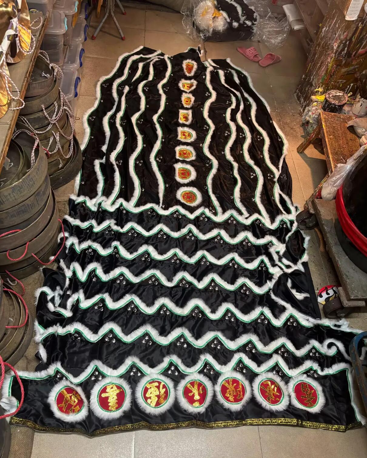 Black Satin Chinese Lion Dance Mirrors Tail and Pants Traditional Wool Lion Costumes Set