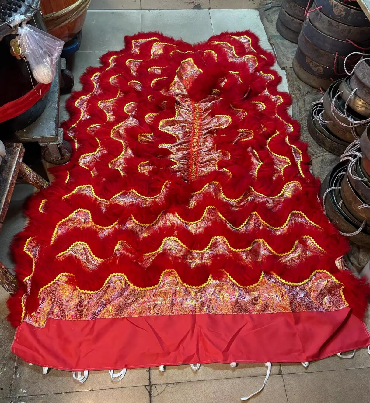 Red Satin Chinese Lion Dance Tail and Pants Traditional Wool Lion Costumes Set