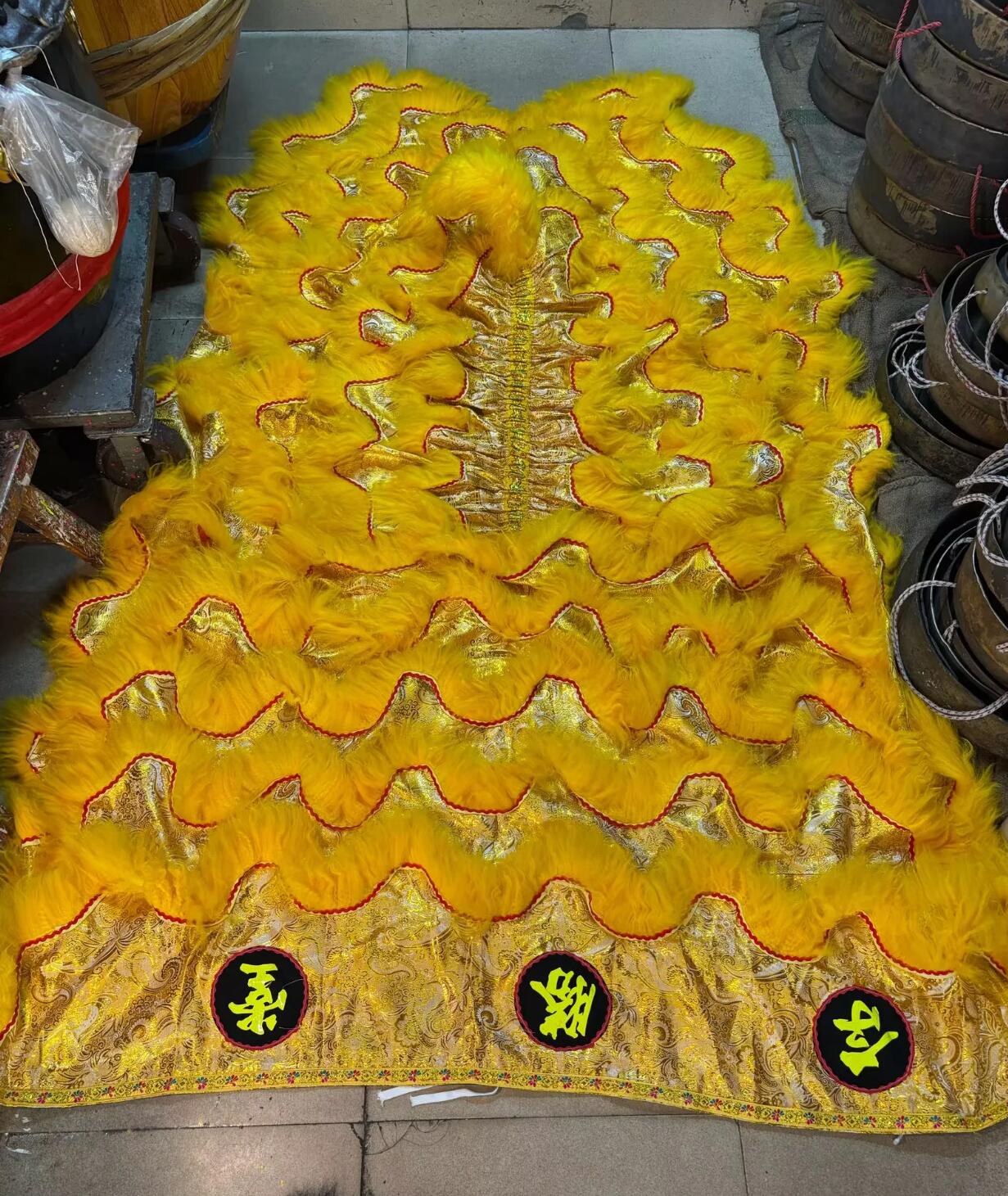 Golden Satin Chinese Lion Dance Tail and Pants Traditional Wool Lion Costumes Set