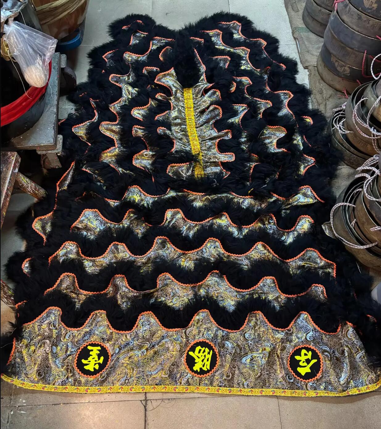 Black Satin Chinese Lion Dance Tail and Pants Traditional Wool Lion Costumes Set