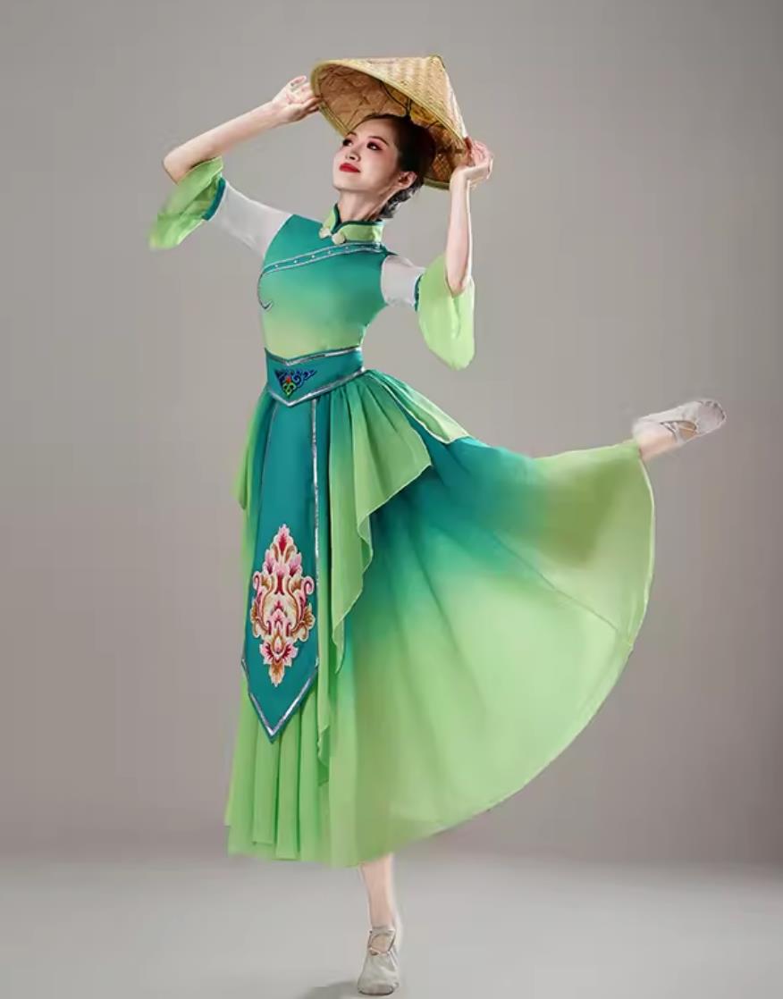 Chinese Style Bamboo Hat Dance Outfit Tea Picking Dance Yangko Costume Folk Dance Green Clothing