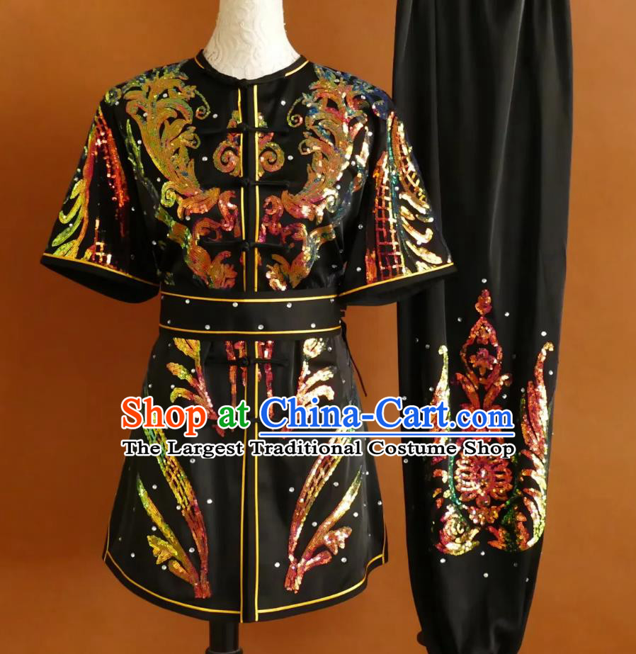 Sequins Embroidery Kung Fu Suit Martial Arts Training Competition Costume Wushu Chang Quan Black Uniform