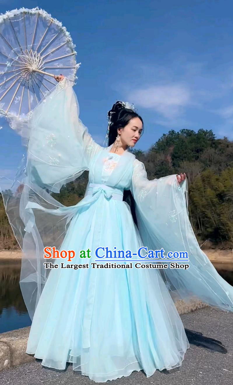 Chinese Classical Dance Costume Ancient Fairy Clothing Traditional Blue Hanfu Dress