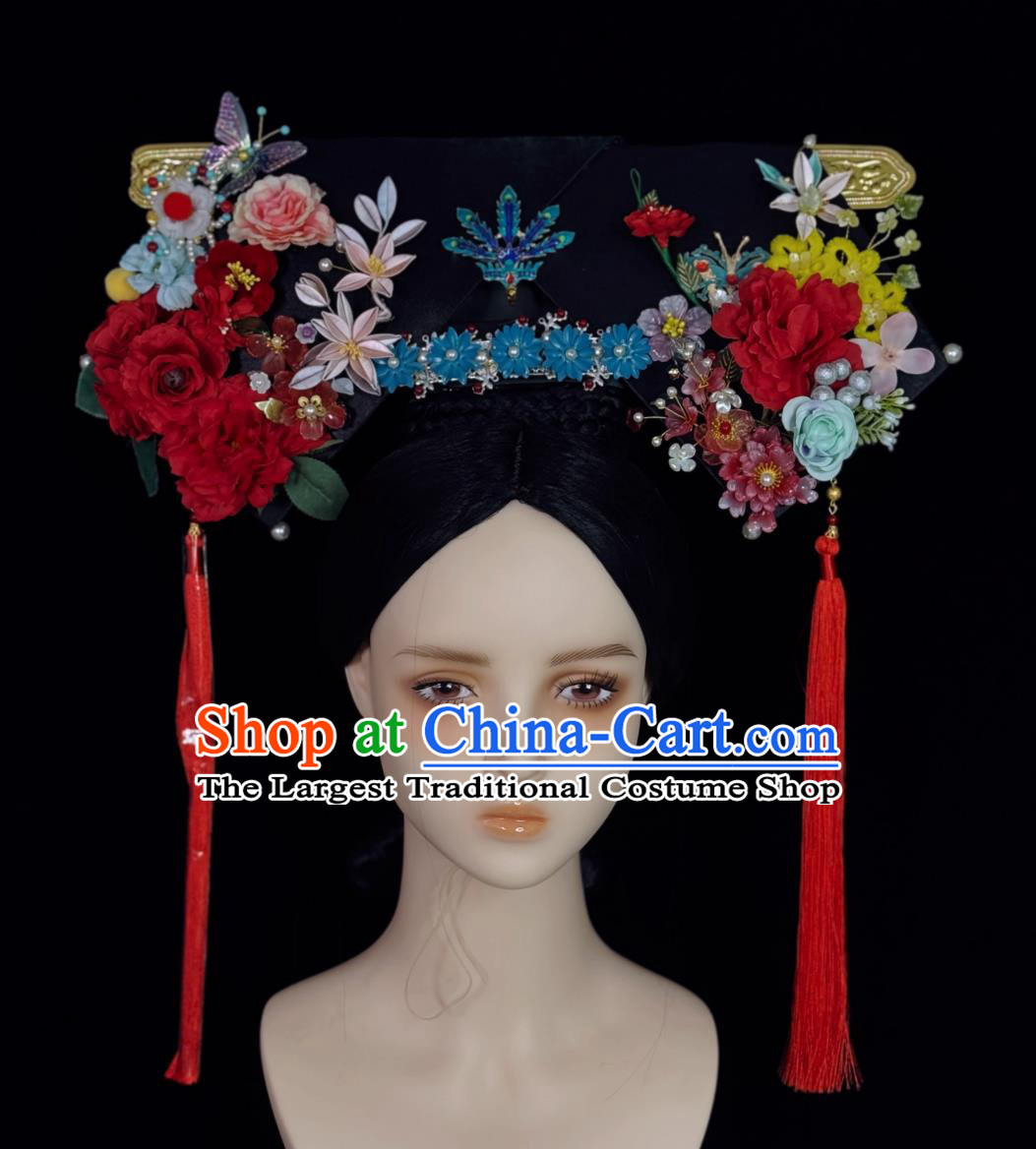 Qing Palace Ancient Costume Headpiece Handmade Wings Manchu Headwear Film Crew Prop