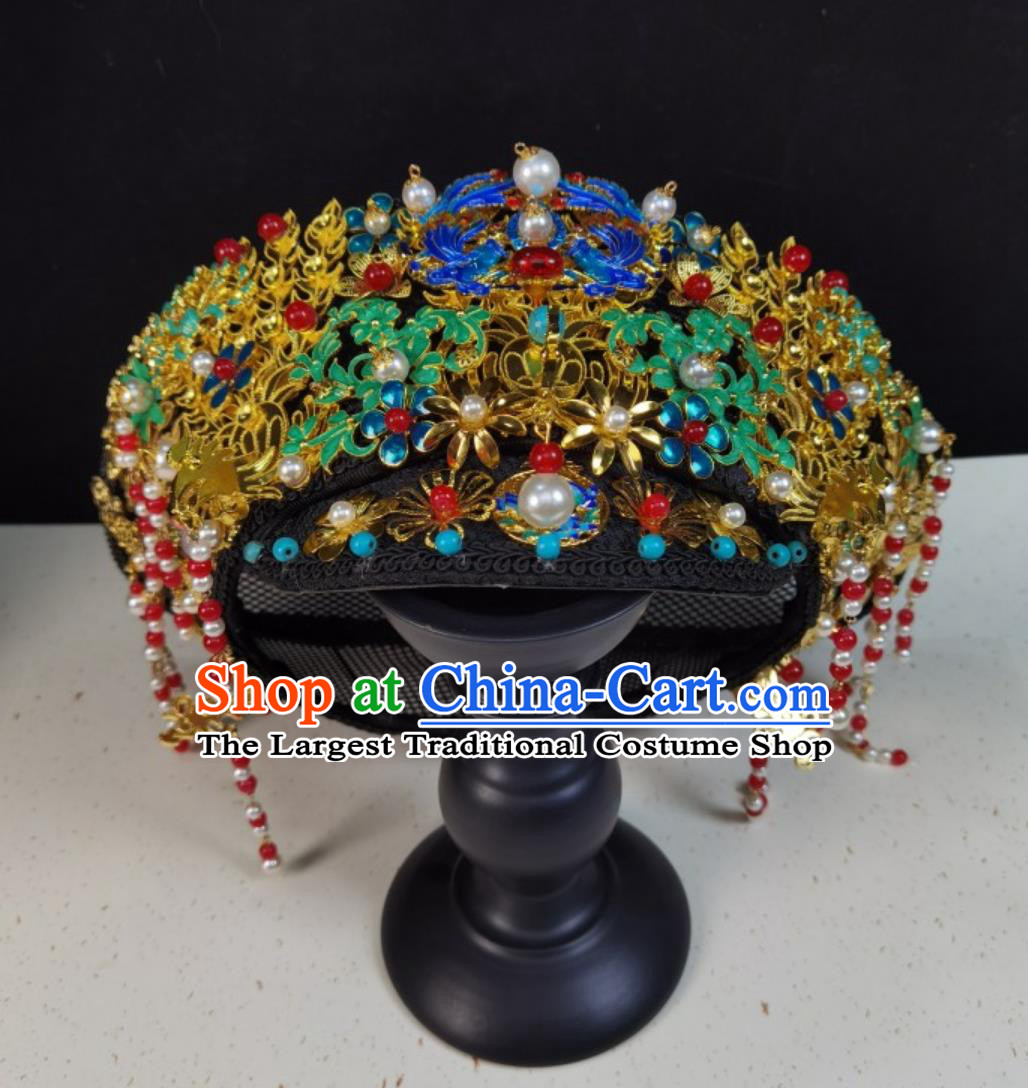 Qing Dynasty Manchu Headpiece Ruyi Zhuan Style Empress Noble Consort Blueing Hat Handmade Diadem Hair Accessory