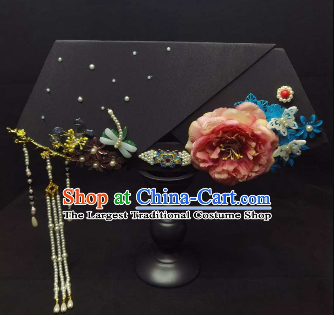 Handmade Chinese Hair Ornament Ancient Style Palace Princess Pink Peony Hat Qing Dynasty Consort Wing Hairpiece