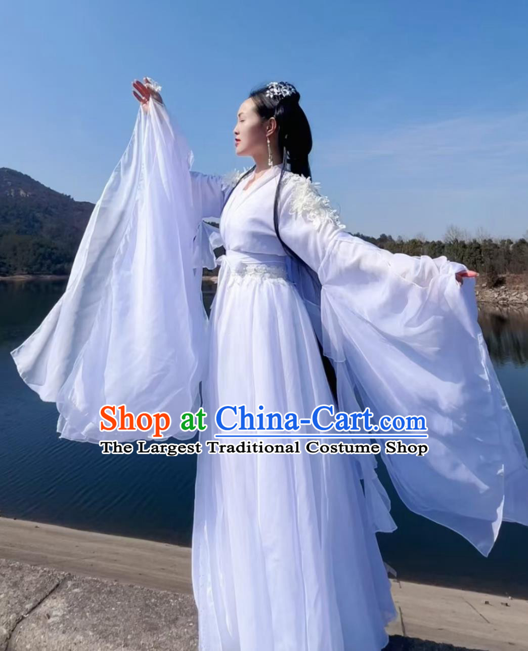 Elegant Chinese Dance Hanfu Wide Sleeve Stage Outfit Guzheng Player Performance Gown