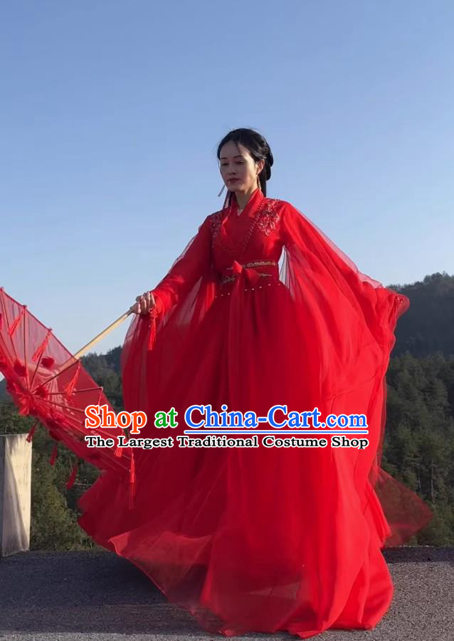 Traditional Wuxia Hanfu Jin Dynasty Red Wide Sleeve Dress Ancient Chinese Swordswoman Clothing