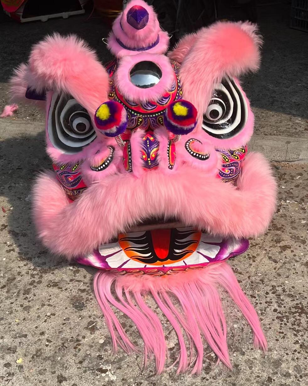 Traditional Chinese Festival Dance Fut San Lion Head and Clothes Handmade Pink Wool Lion Dance Costume Complete Set