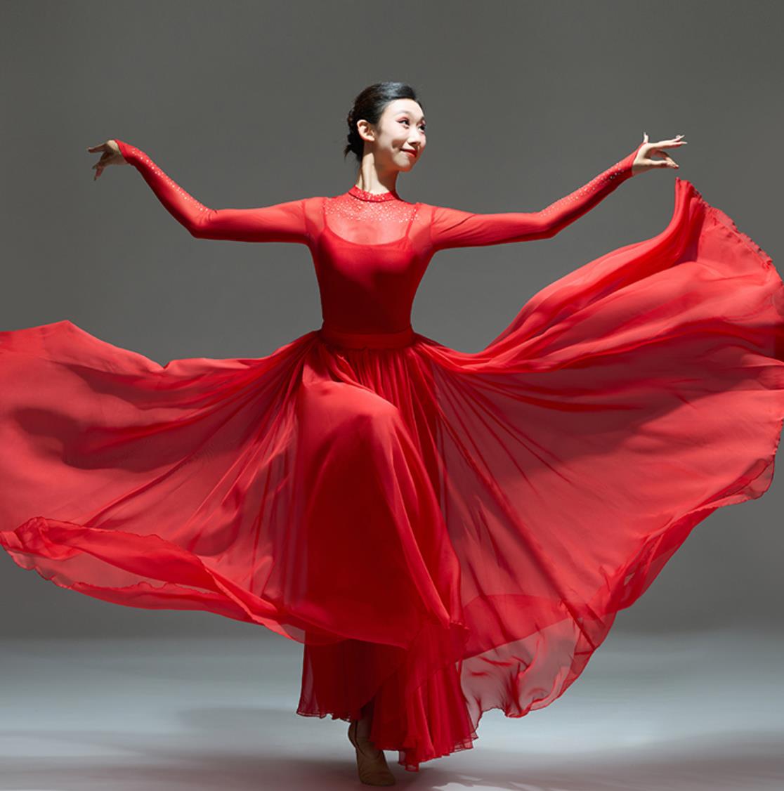 Red Classical Dance Costume Women Elegant Opening Flared Skirt Modern Song Dance Performance Outfit