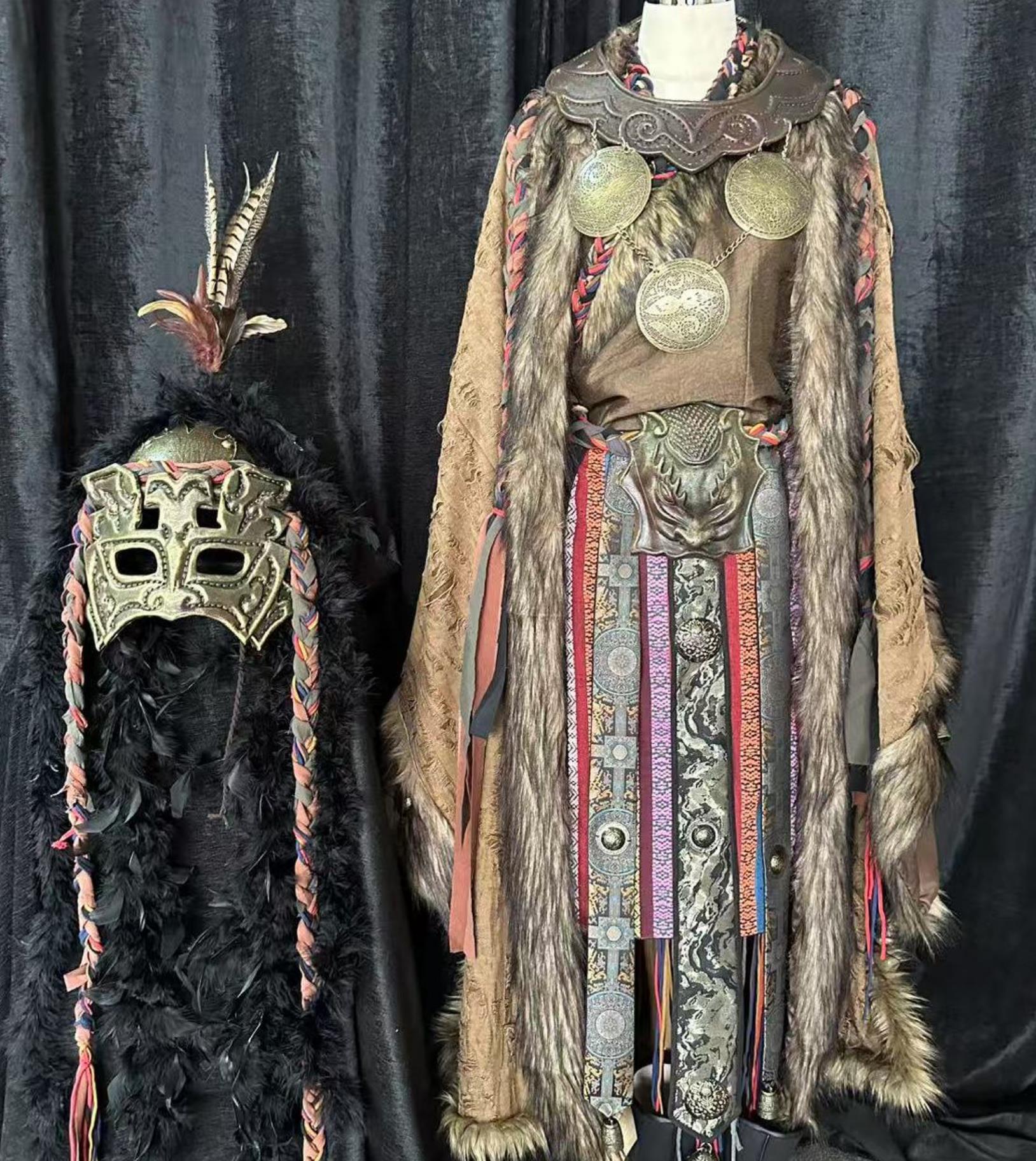 Chinese Ethnic Minority Dance Performance Costume Nuo Opera Primitive Tribe Priest Clothing Hand Embroidered Brown Garment