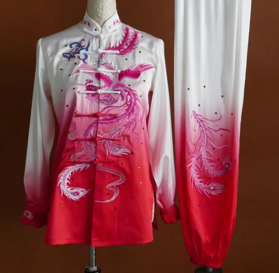 Gradient White to Rosy Tai Chi Suit Kung Fu Training Clothing Phoenix Embroidery Taiji Uniform Competition Performance Costume