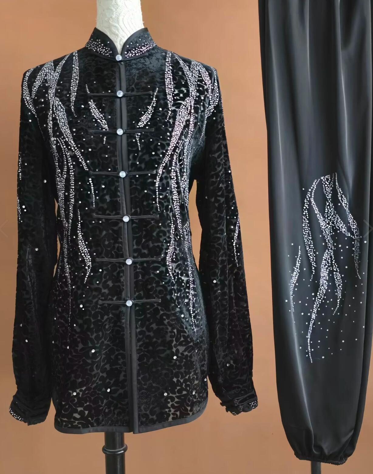 Rhinestone Velvet Kung Fu Suit Wushu Competition Uniform Tai Chi Performance Costume Black Taiji Outfit