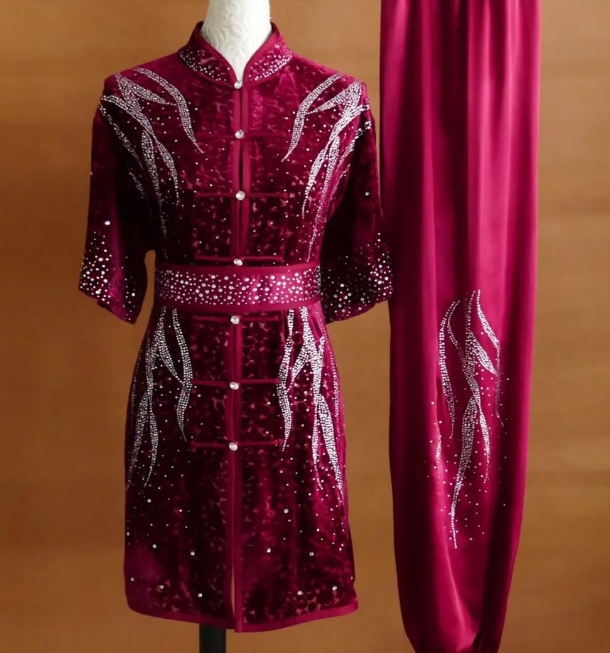 Bordeaux Red Martial Arts Performance Outfit Rhinestone Velvet Changquan Kung Fu Suit Wushu Routine Competition Uniform Long Fist Costume