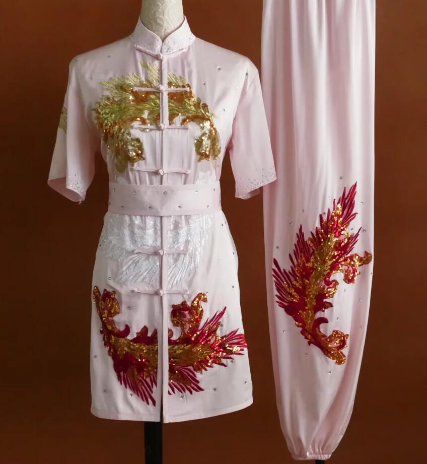 Sequins Long Fist Kung Fu Suit Wushu Competition Costume Changquan Performance Light Pink Outfit