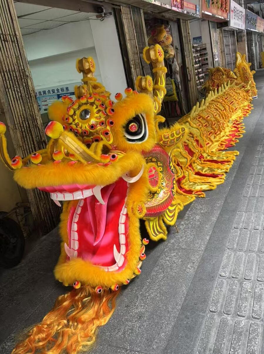 Full Handmade Traditional Giant Dragon Chinese Loong Dance Equipment Golden Wool Dragon Dance Head and Costume Complete Set