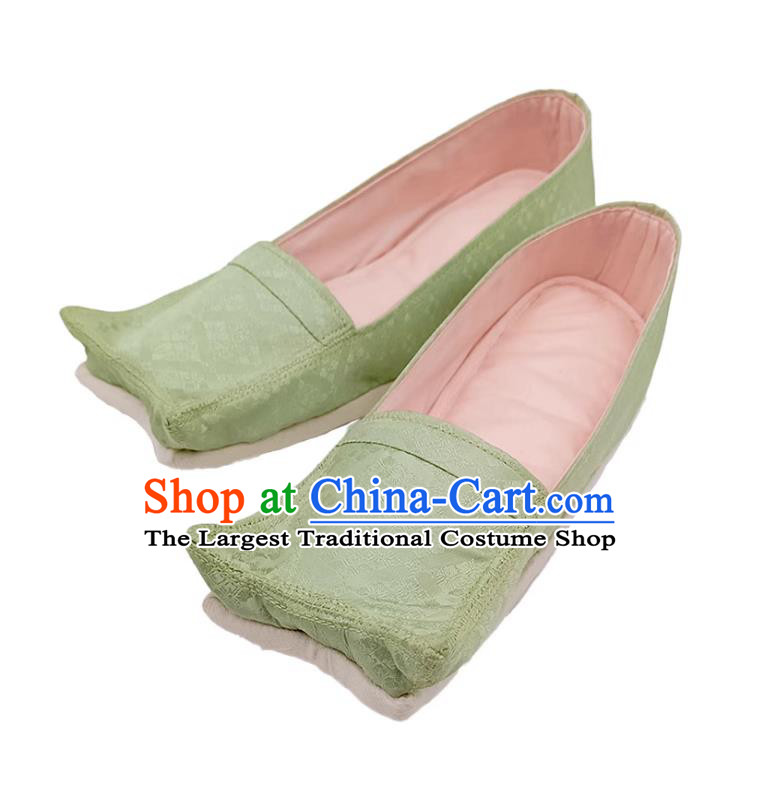 Handmade Hanfu Heritage Thousand Layer Sole Traditional Cloth Shoes Western Han Dynasty Green Satin Shoes