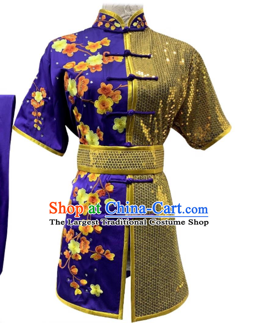 Embroidery Flowers Martial Arts Changquan Costume Premium Long Fist Wushu Competition Performance Purple Outfit