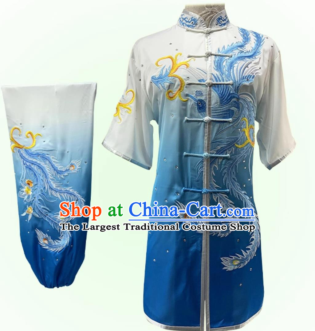 Professional Long Fist Wushu Competition Blue Outfit Embroidery Phoenix Martial Arts Changquan Costume