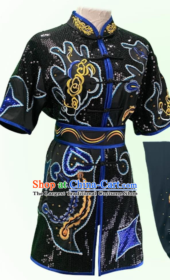 Professional Changquan Performance Black Uniform Wushu Competition Outfit Embroidery Sequins Martial Arts Costume