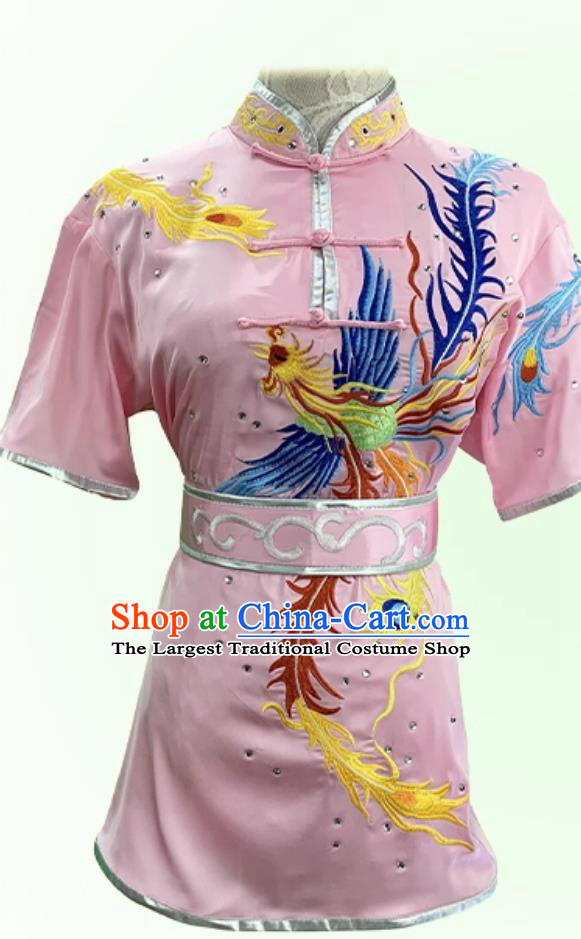 Professional Mulan Costume Phoenix Embroidery Wushu Competition Performance Outfit Martial Arts Pink Uniform