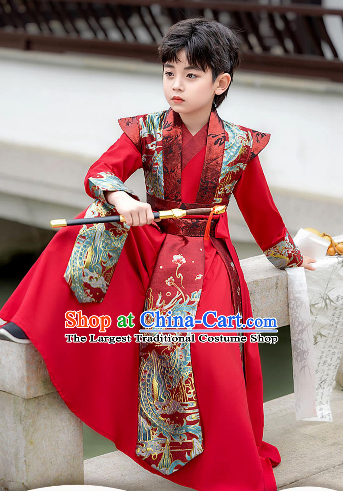 Traditional Chinese Boys Costume Ancient Scholar Red Outfit Handsome Young Master Performance Wear