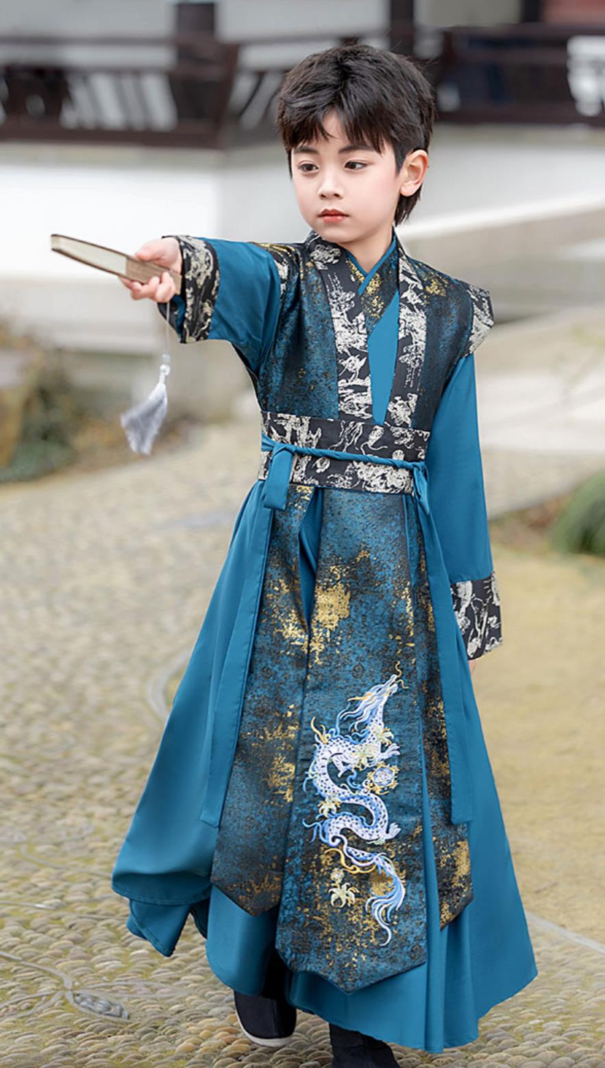 Chinese Kids Hanfu Ming Dynasty Wuxia Handsome Boy Clothing Ancient Elegant Blue Suit
