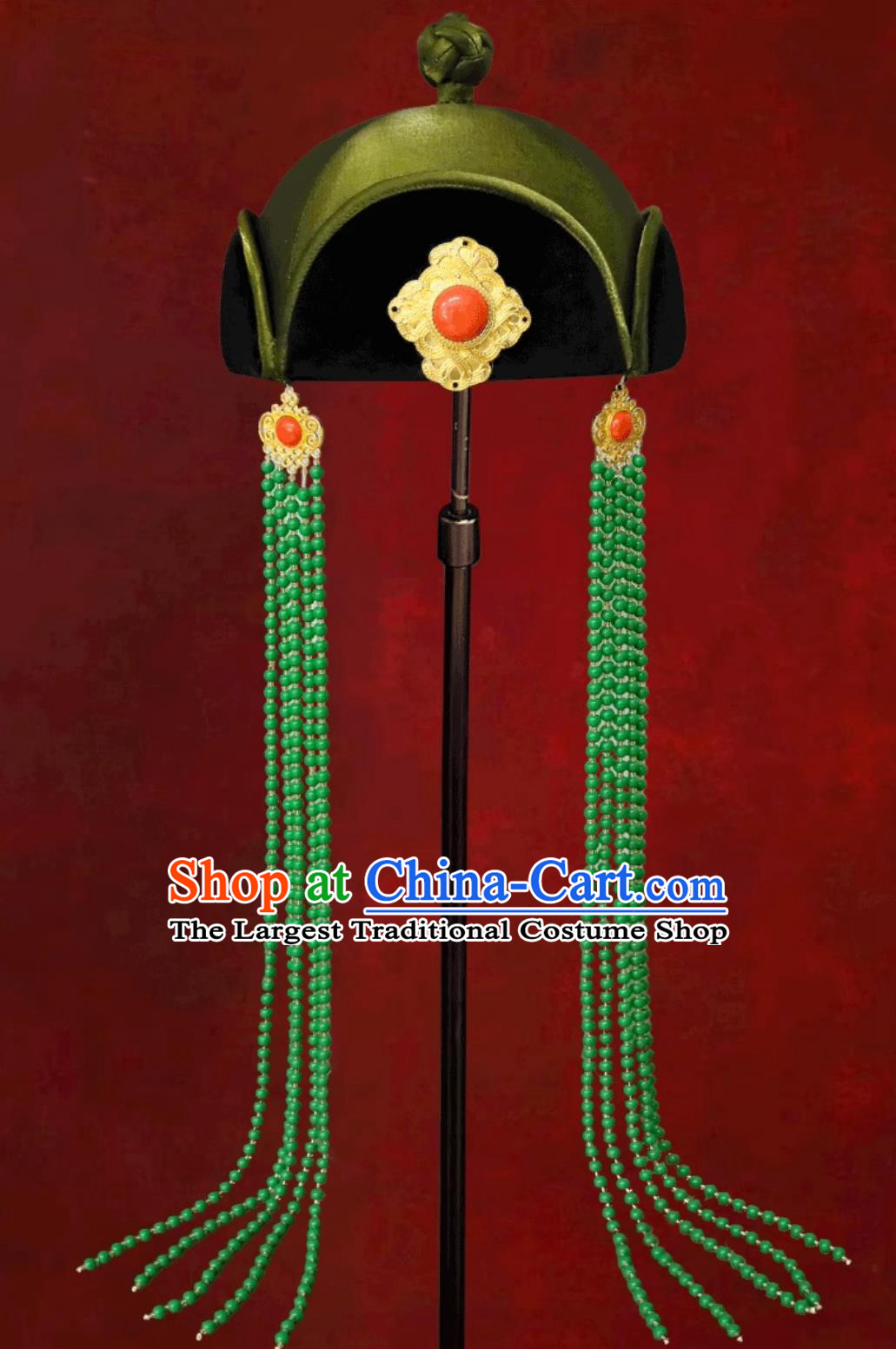 Green Mongolian Ethnic Tassel Headpiece Chinese Mongolian Dance Performance Hair Accessory Forehead Decoration Hat