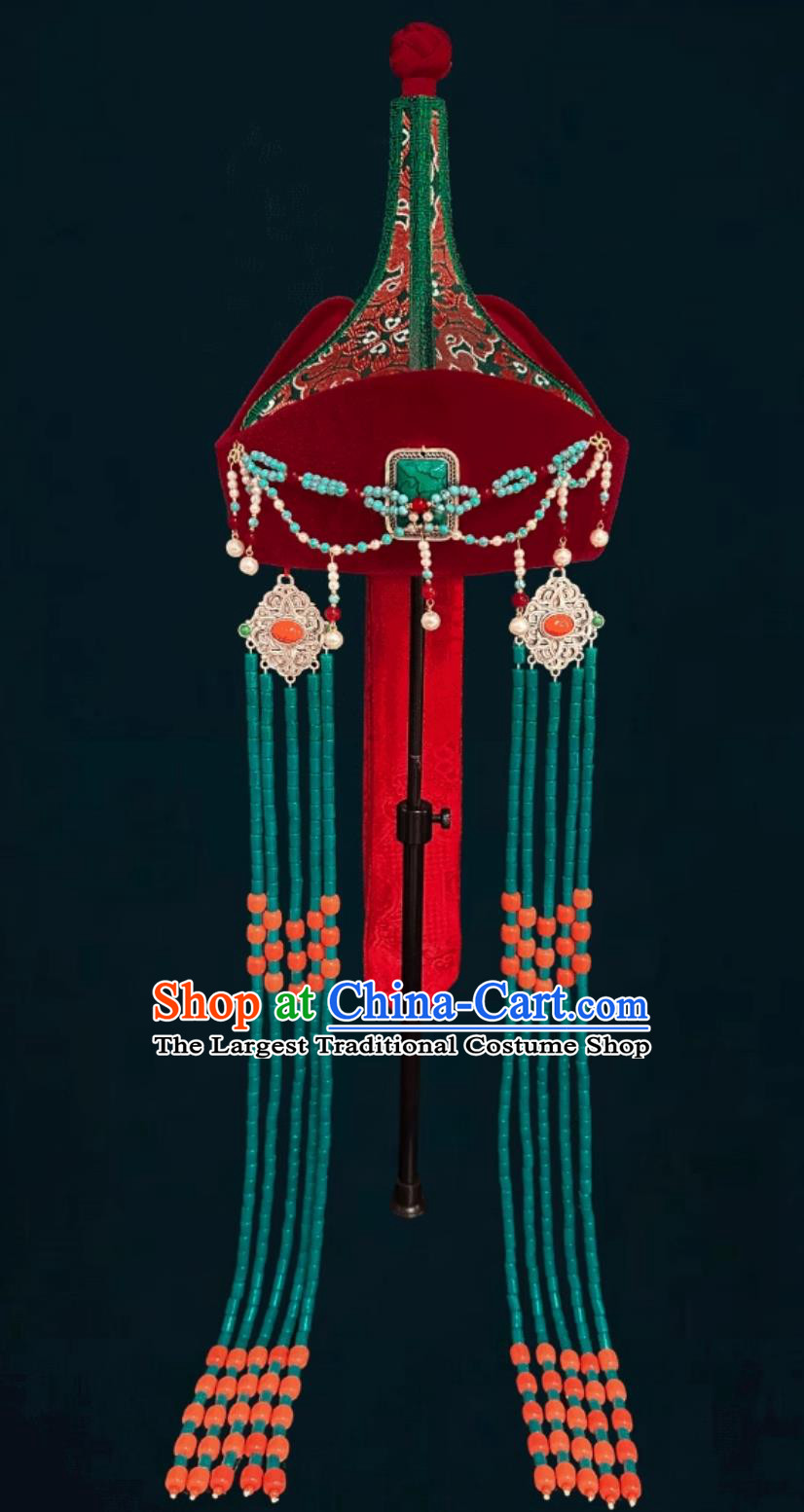 Mongolian Ladies Red Tassel Hat Dance Performance Wedding Show Headpiece Chinese Forehead Chain Headwear