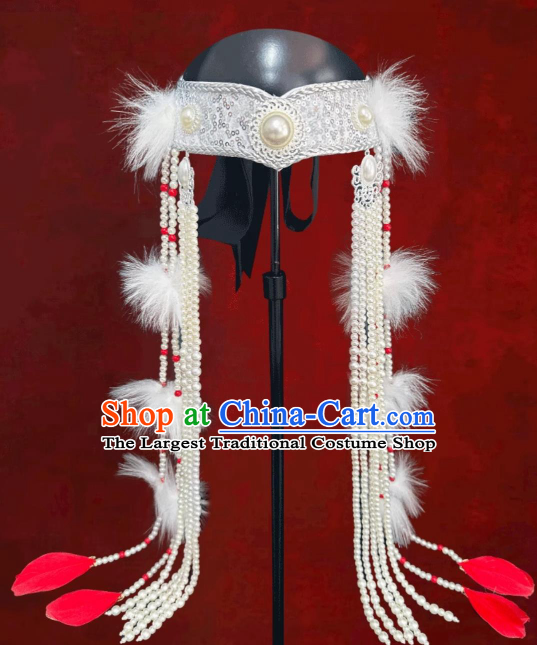 Mongolian Princess White Feather Tassel Hat Dance Performance Wedding Show Headpiece