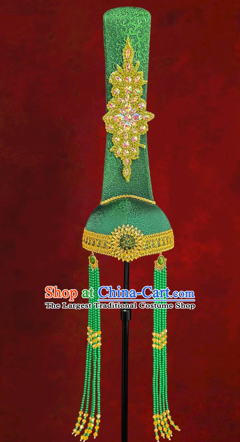 Mongolian Ladies Green Tassel High Top Hat Dance Performance Wedding Show Headpiece