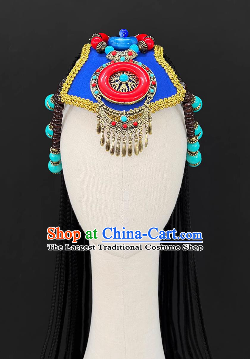 Tibetan Style Female Performance Headdress Chinese Zang Ethnic Dance Wig Braids Headpiece