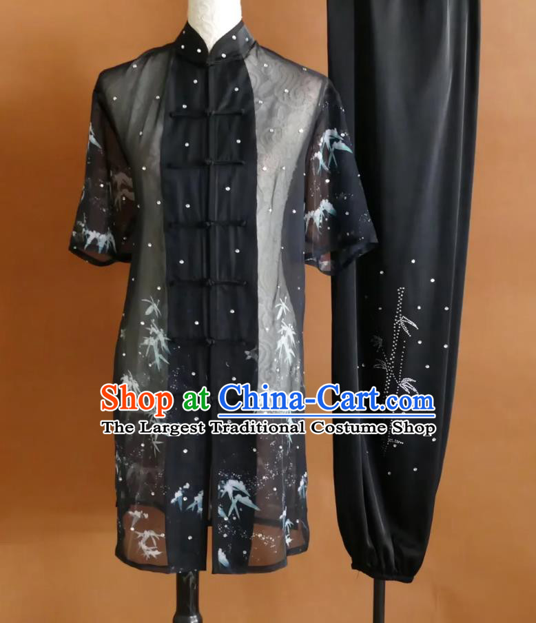 Bamboo Printed Transparent Martial Arts Costume Chinese Changquan Performance Uniform Professional Kung Fu Competition Clothing