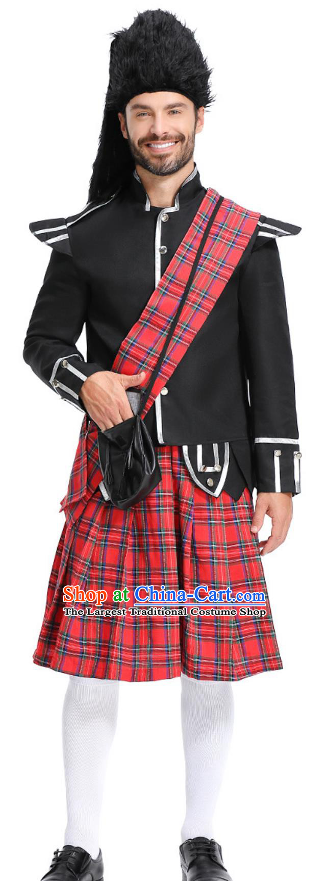 Vintage British Guard Costume Classic Red Tartan Kilt Scottish Soldier Bearskin Hat Honor Guard Uniform