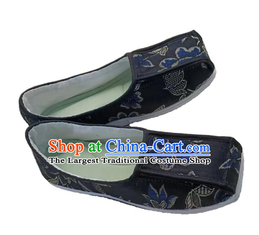 Hanfu Traditional Shoes Layered Cloth Sole Blue Brocade Square Toe Shoes