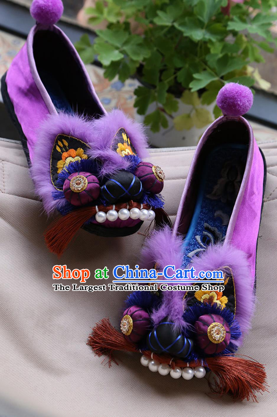 Purple Embroidered Tiger Head Shoes Chinese Handmade Cloth Shoes Layered Sole Shoes
