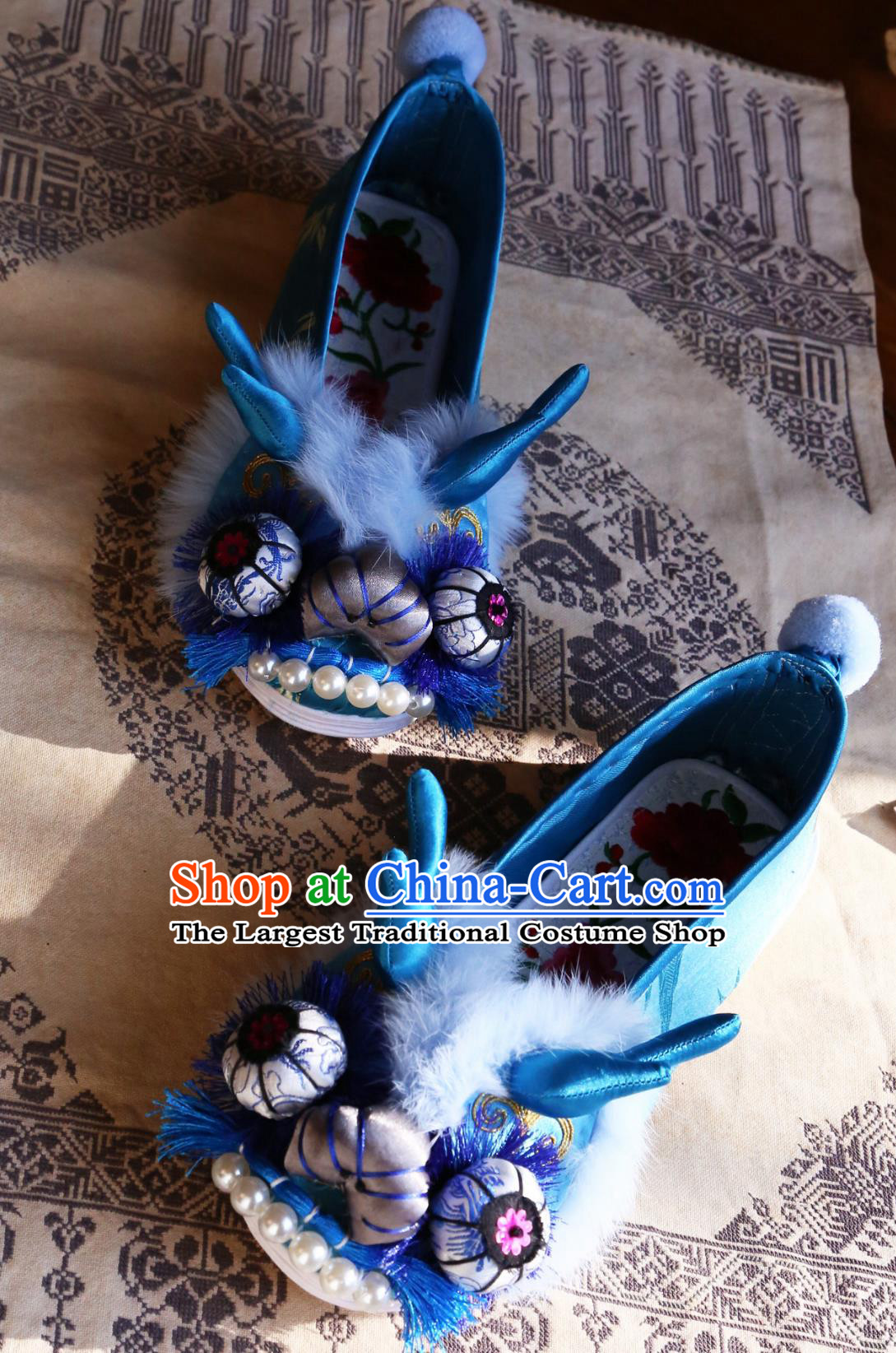 Blue Embroidered Dragon Head Shoes Chinese Handmade Cloth Shoes Layered Sole Shoes
