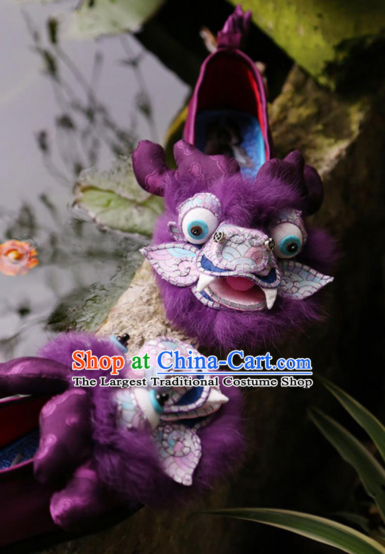 Purple Handmade Chinese Embroidered Shoes Intangible Cultural Heritage 3D Dragon Head Shoes
