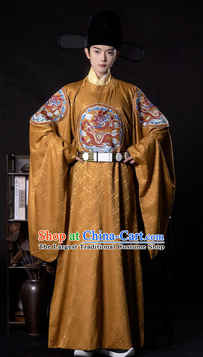 Hanfu Round Collar Robe Traditional Chinese Mens Wedding Dress Ming Dynasty Golden Official Attire
