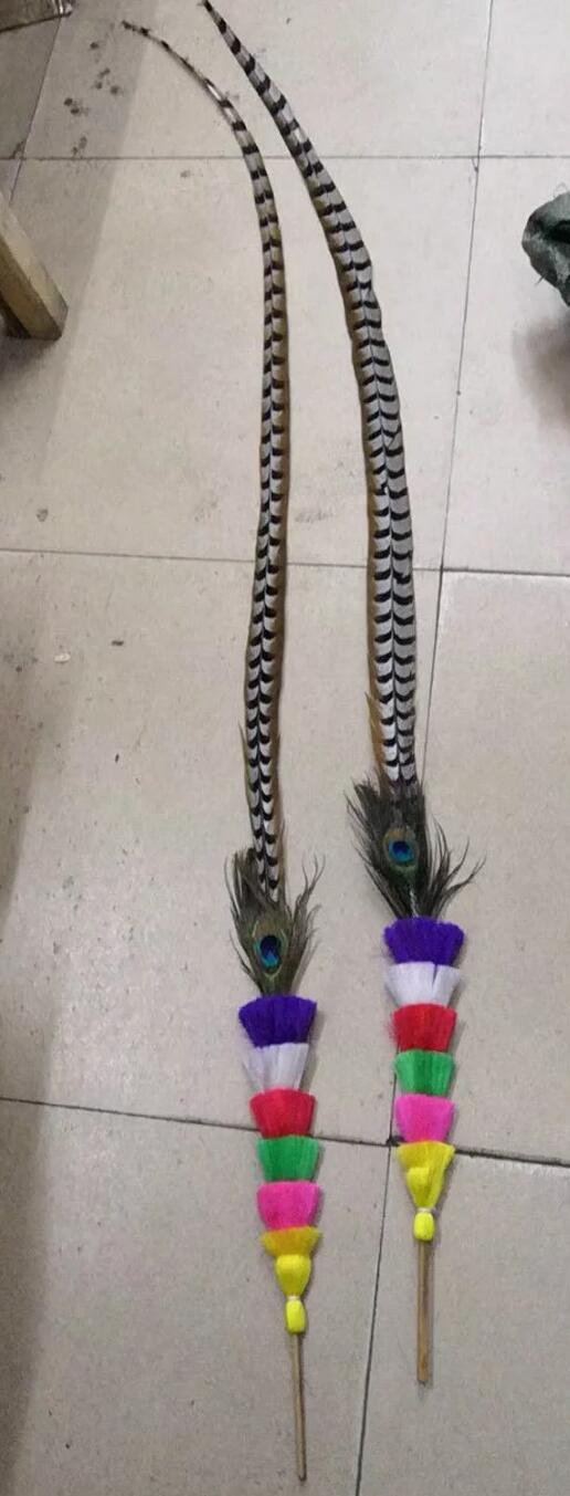 Handmade Natural Pheasant Feathers Peking Opera Lion Dance Lingzi Bases and Long Feather Complete Set
