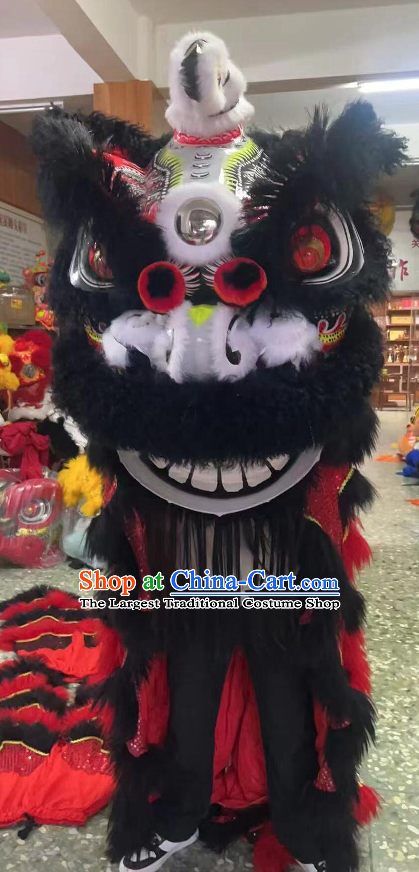 Black Wool Dancing Lion Costume Handmade Hok San Lion Head Traditional Chinese Lion Dance Equipment