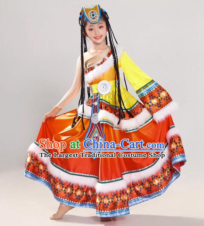 Chinese Zang Ethnic Dance Dress Tibetan Minority Children Clothing Dance Performance Costume