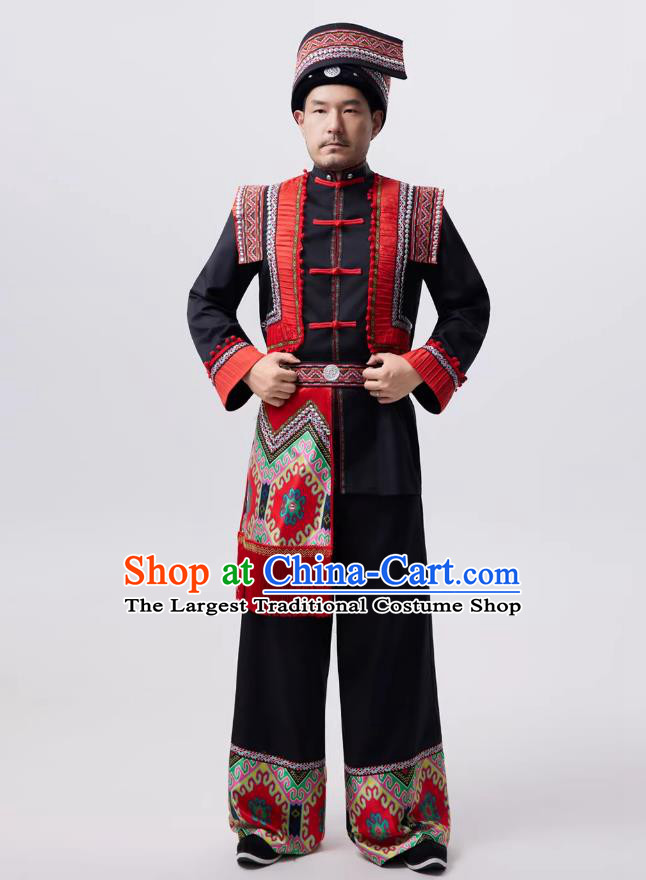 Mens Yi Ethnic Costume Chinese Minority Performance Clothing Miao Stage Performance Black Outfit