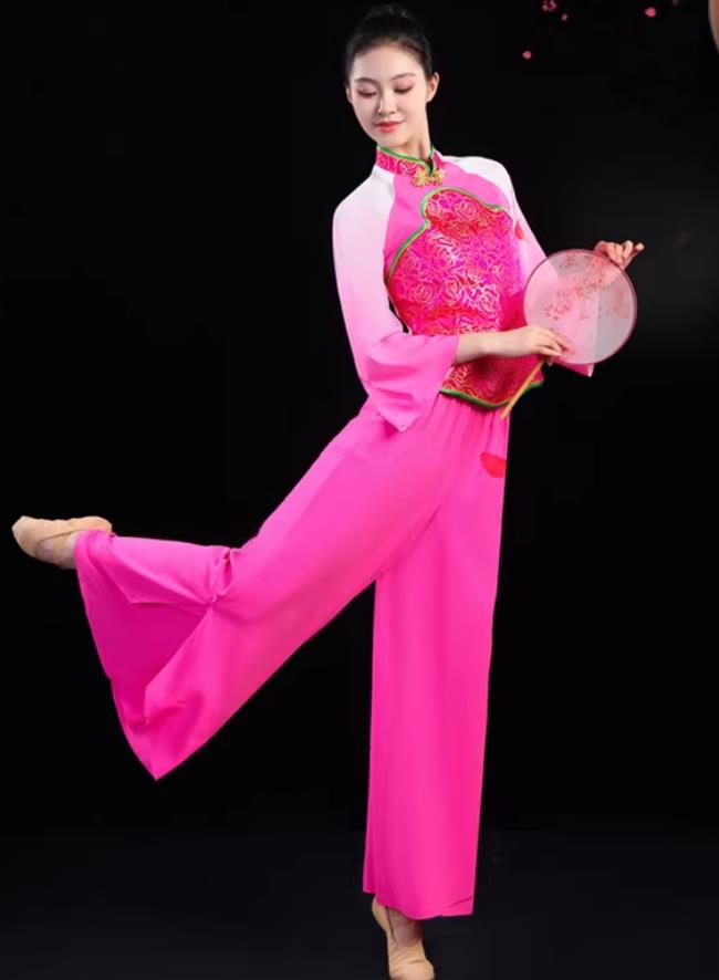 Chinese Yangko Dance Pink Outfit Classical Fan Dance Costume