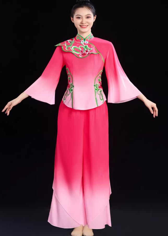 Chinese Classical Fan Dance Costume Yangko Dance Pink Outfit