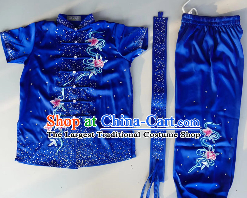 Martial Arts Kung Fu Royal Blue Outfit Phoenix Embroidery Wushu Suit Crystal Changquan Performance Costume